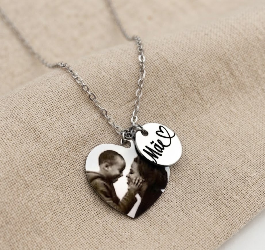 Colar Coração e Redondo Duplo, Personalizado com Nome e Foto, Aço Inox - Imagem 3