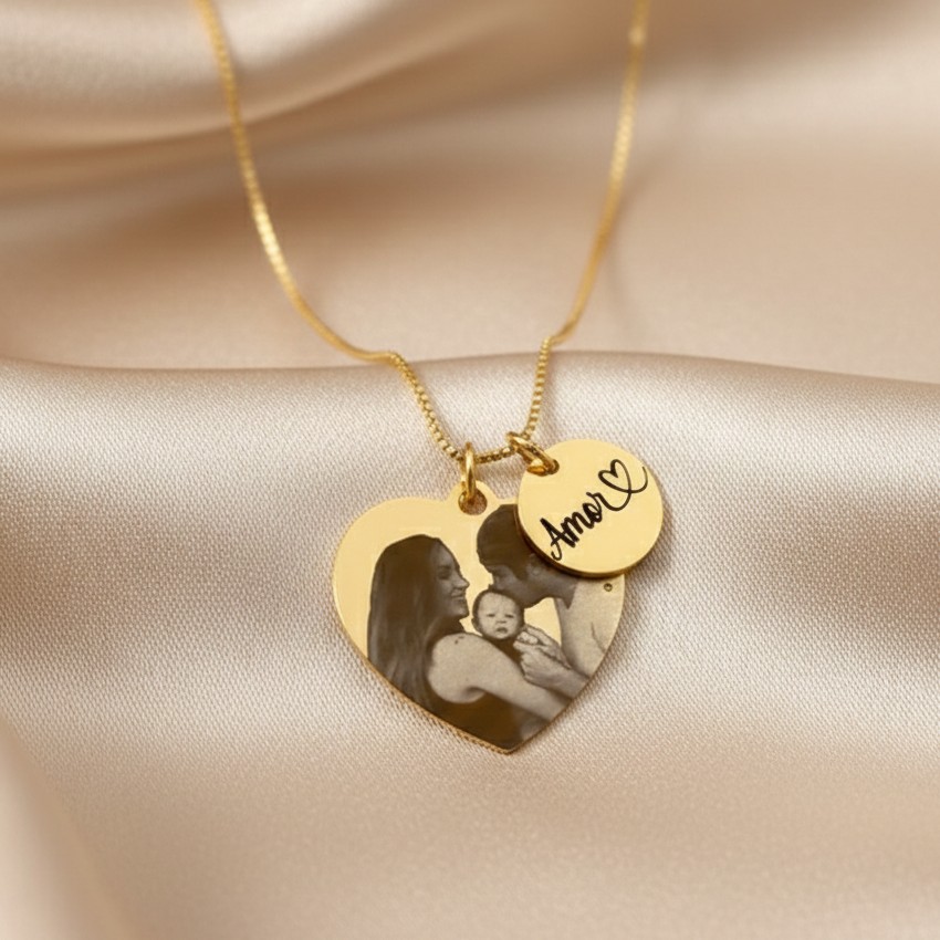 Colar Coração e Redondo Duplo, Personalizado com Nome e Foto, Banhado a ouro - Imagem 2