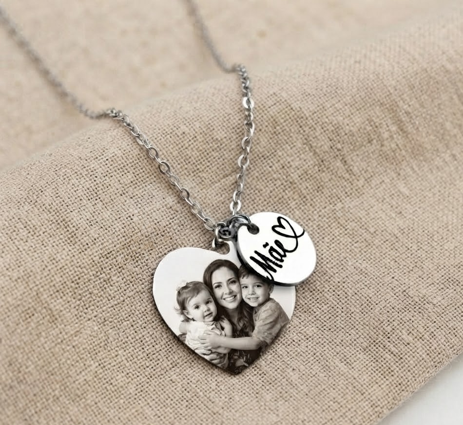 Colar Coração e Redondo Duplo, Personalizado com Nome e Foto, Aço Inox