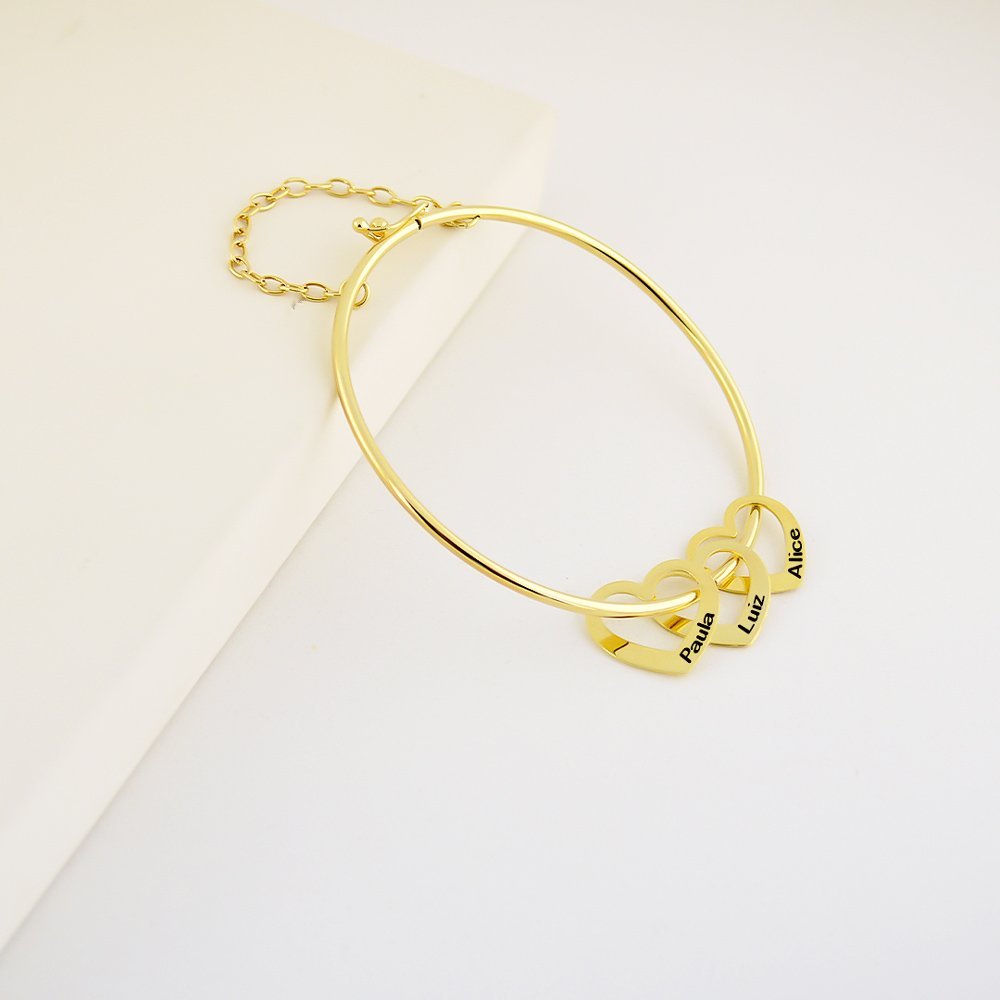 Bracelete com Corações, Personalizado com Nome, Banhado a Ouro