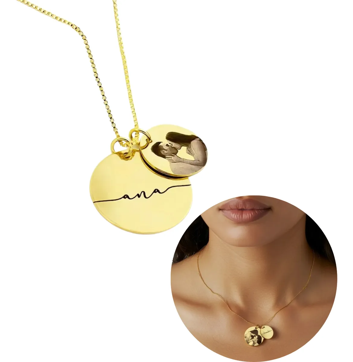 Colar Redondo Duplo, Personalizado com Nome e Foto, Banhado a ouro