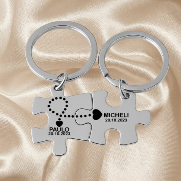 BRINCO PERSONALIZADO-0036 Chaveiro Quebra Cabeça, Personalizado com Nome, Casal, Aço Inox