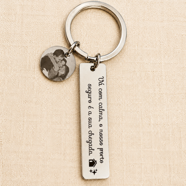 Chaveiro Personalizado, Plaquinha Gravação a Laser com Foto e Frase, Aço Inox