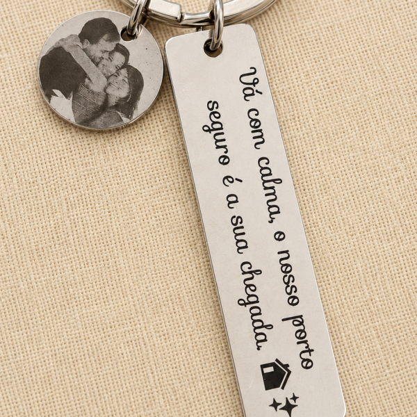 Chaveiro Personalizado, Plaquinha Gravação a Laser com Foto e Frase, Aço Inox