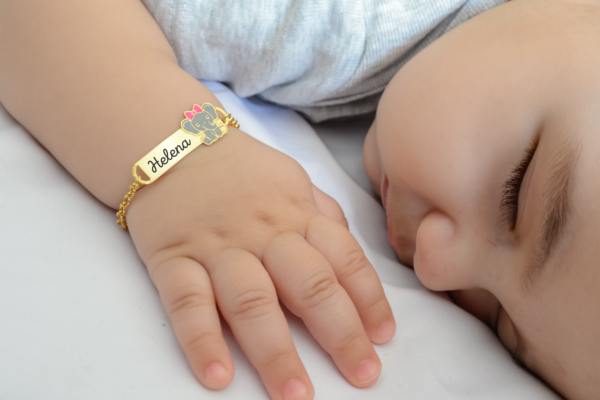 4 Pulseira Infantil, Elefante Menina, Personalizado com Nome, Banhado