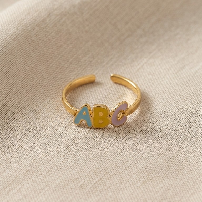 Anel de Formatura Infantil, ABC Colorido, Banhado a Ouro 18K
